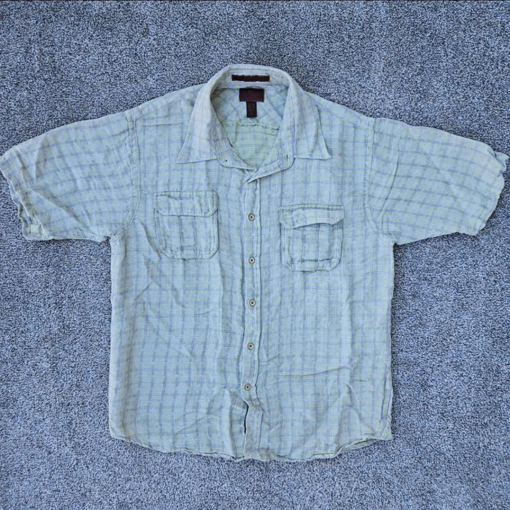 Born Mens Linen & Bamboo Button Down Short Sleeve Shirt Green Gray Plaid Mens L